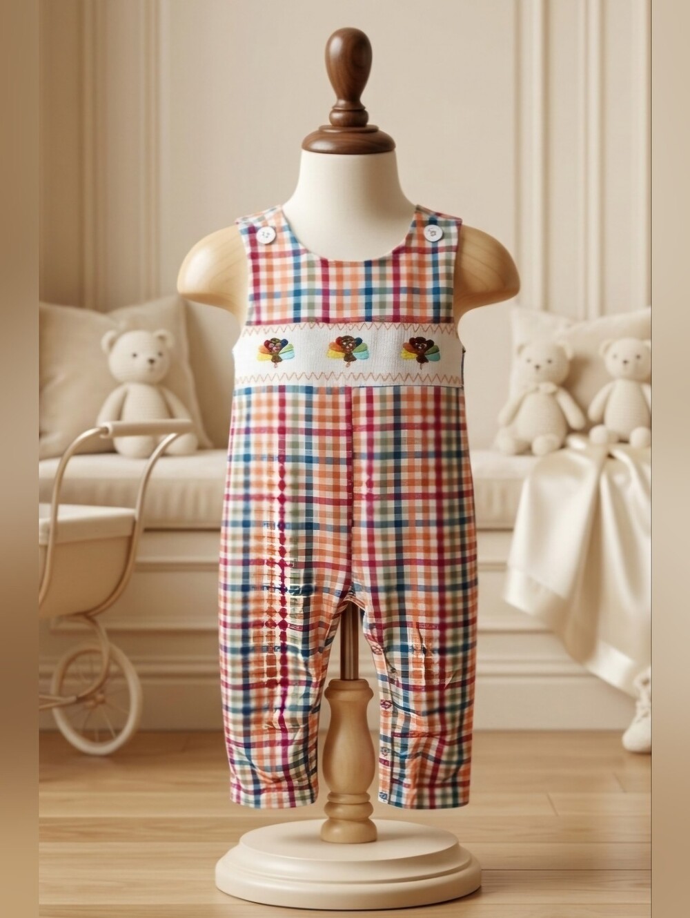Fall Plaid Turkey Smocked Jon Jon by Rylee Faith Designs – Sizes 18M